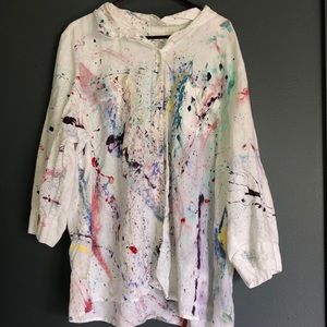 white button up with paint splatters.
